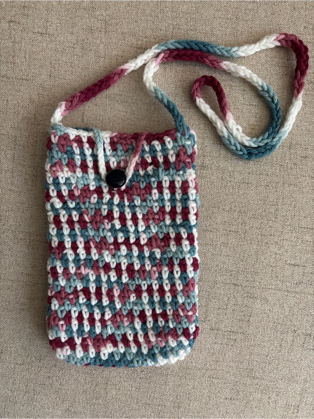 Handmade Crocheted Crossbody Phone Bag in Burgundy, Blue & White Adjustable